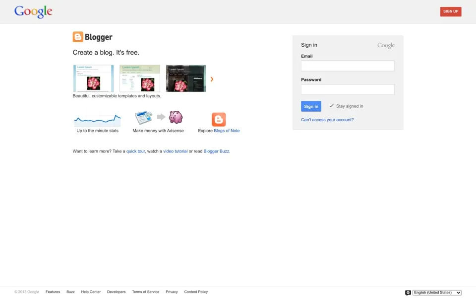 blogger.com homepage in 2013