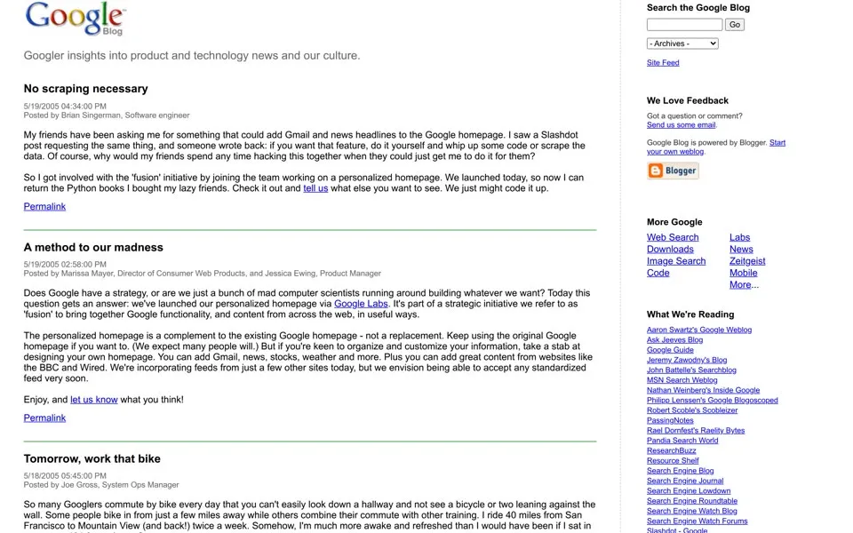 Official Google Blog on Blogspot in May 2005, with posts, authors and a Blogger button