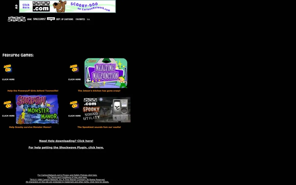 Cartoon Network games page on cartoonnetwork.com, December 2, 1998, with Powerpuff Girls and Scooby-Doo game cards on black