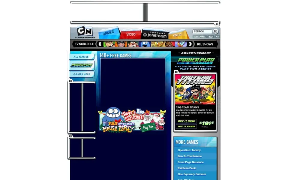 Cartoon Network games page on cartoonnetwork.com, January 4, 2007, with the cube logo, a Toonami Jetstream tab and a 140+ FREE GAMES box