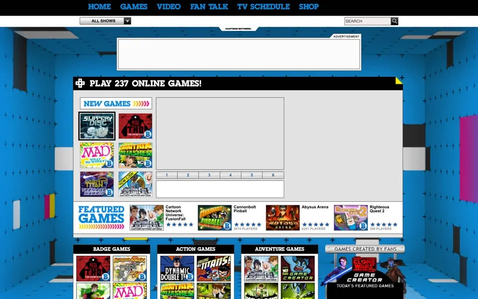 Cartoon Network games page on cartoonnetwork.com, January 1, 2011: PLAY 237 ONLINE GAMES! over rows of badge, action and adventure games