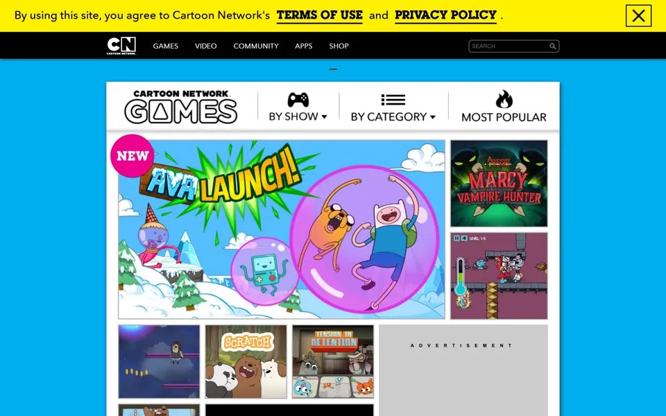 Cartoon Network games page on cartoonnetwork.com, January 1, 2016, with BY SHOW, BY CATEGORY and MOST POPULAR menus