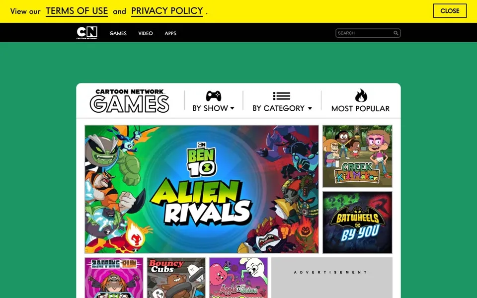 Cartoon Network games page on cartoonnetwork.com, January 2, 2024, with Ben 10 Alien Rivals as the big tile