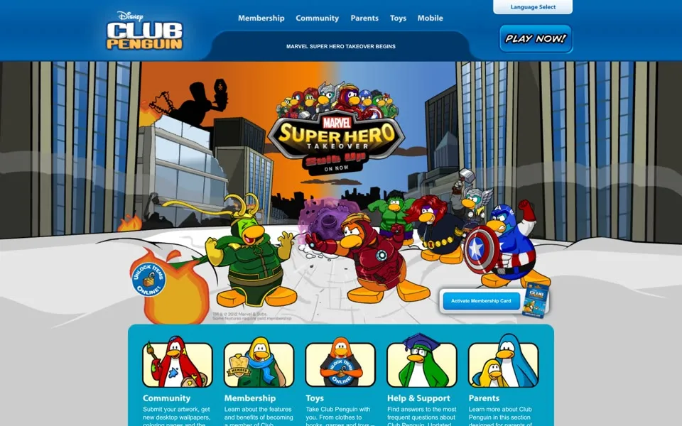 clubpenguin.com homepage in 2012