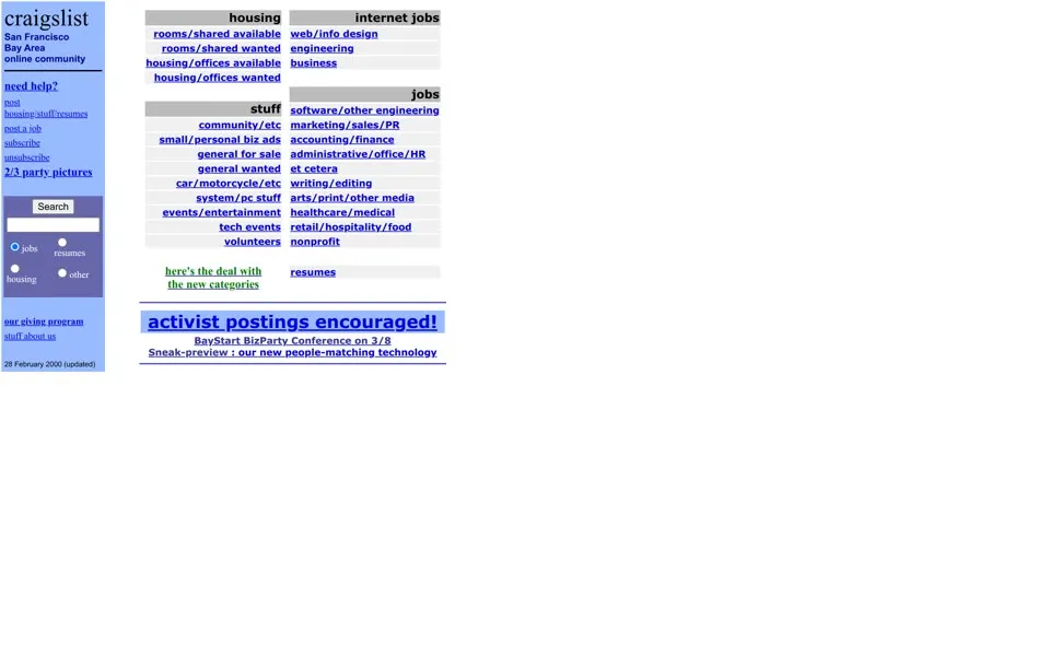 craigslist.org homepage in 2000