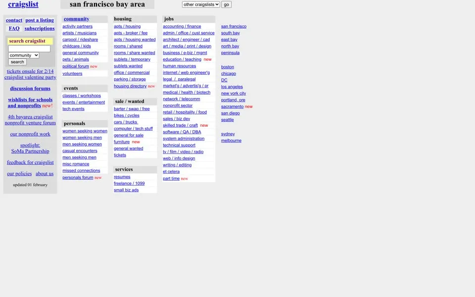 craigslist.org homepage in 2001