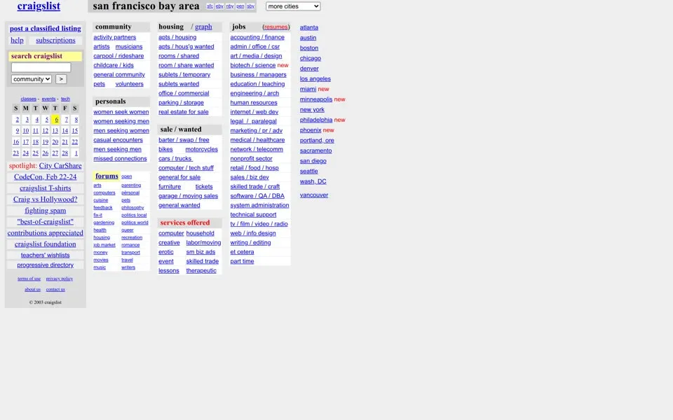 craigslist.org homepage in 2003