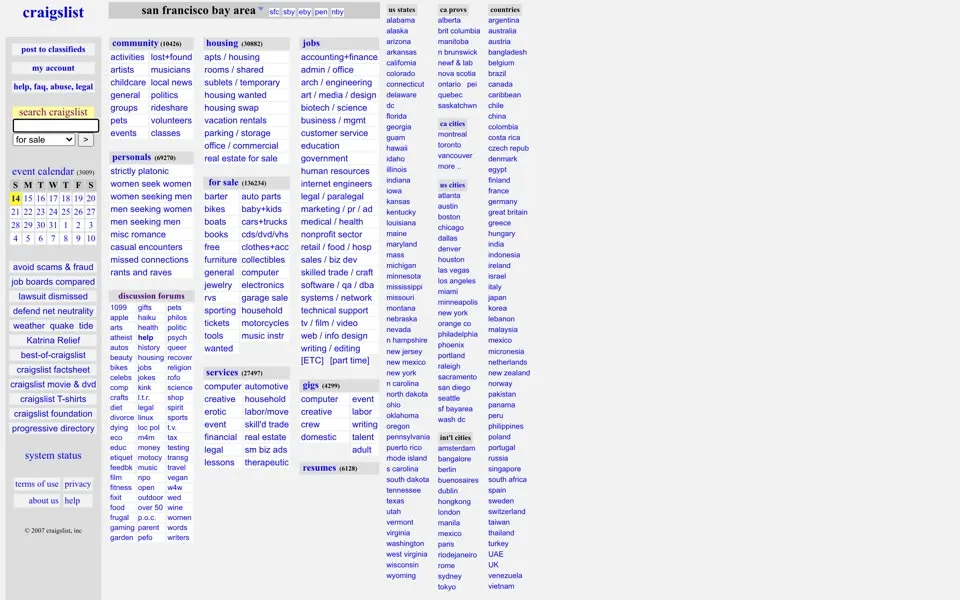 craigslist.org homepage in 2007
