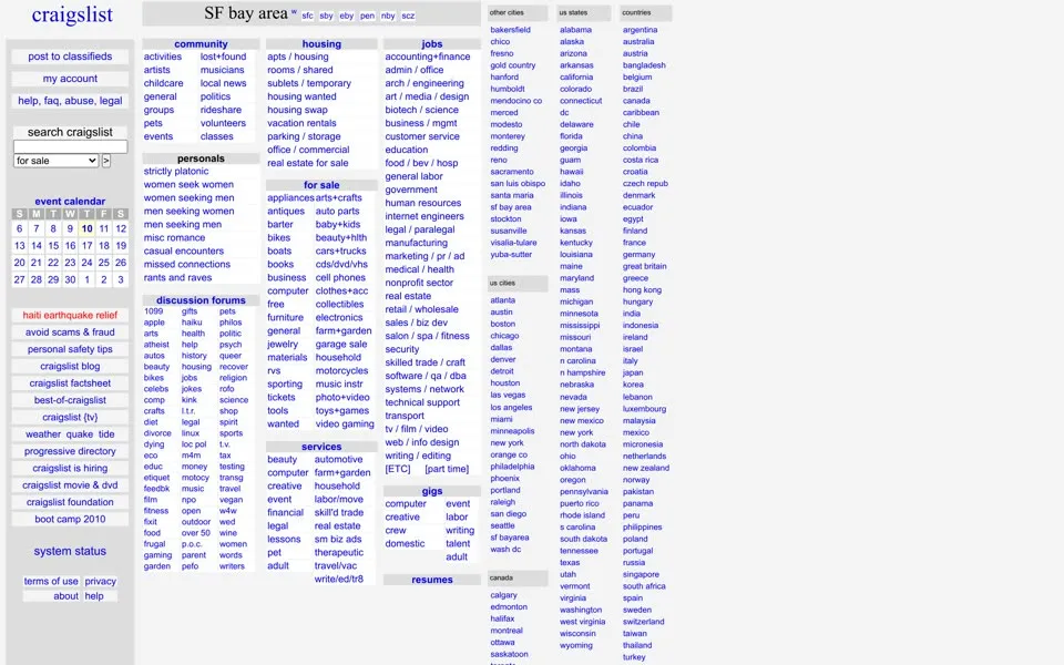 craigslist.org homepage in 2010