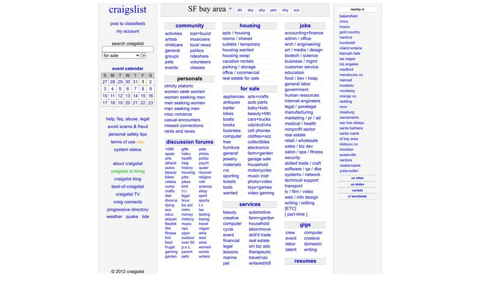 craigslist.org homepage in 2012