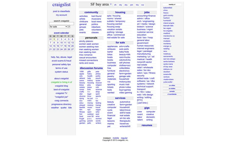 craigslist.org homepage in 2013