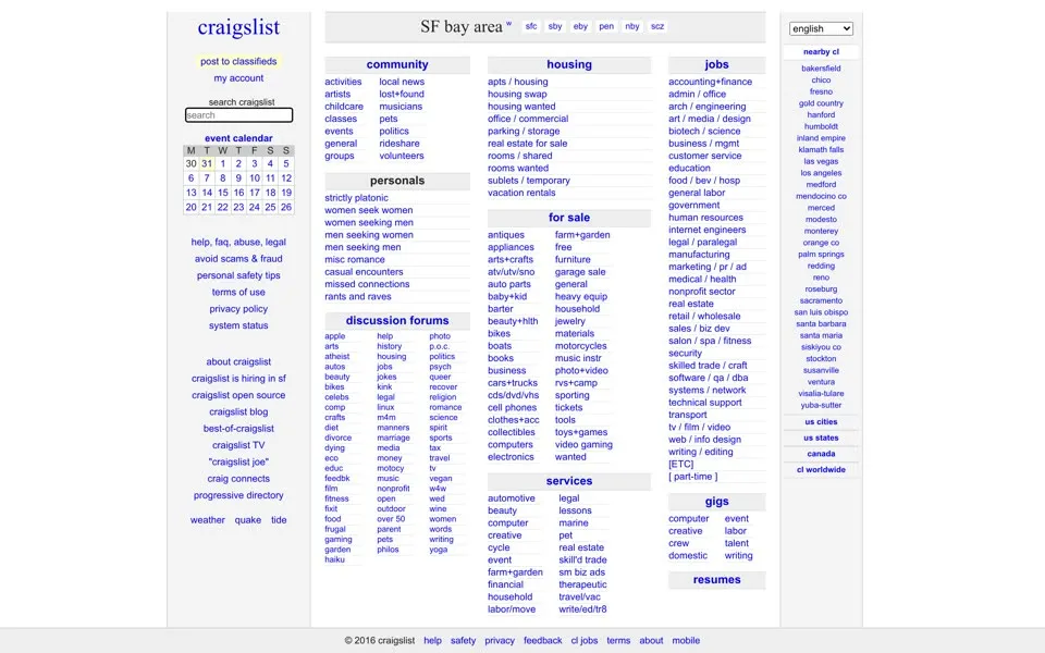 craigslist.org homepage in 2016