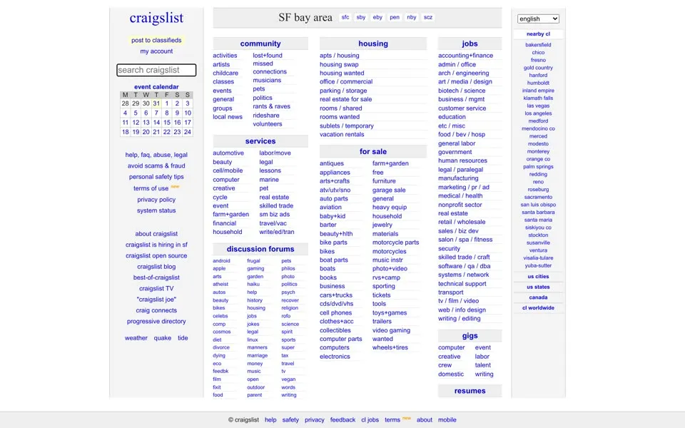 craigslist.org homepage in 2018