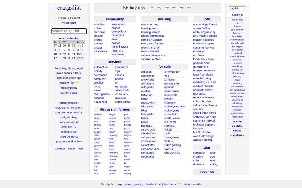 craigslist.org homepage in 2019