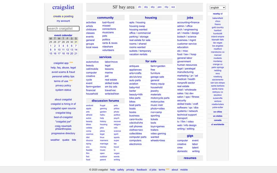 craigslist.org homepage in 2020