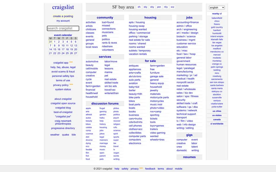 craigslist.org homepage in 2021