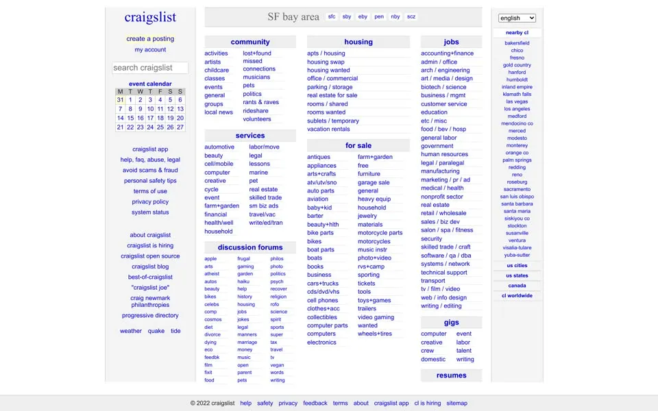 craigslist.org homepage in 2022