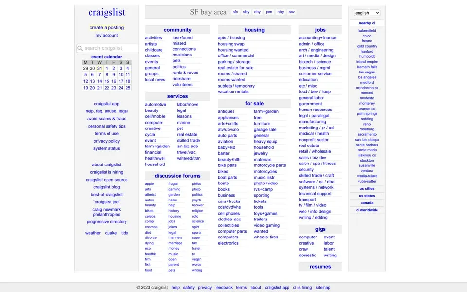 craigslist.org homepage in 2023