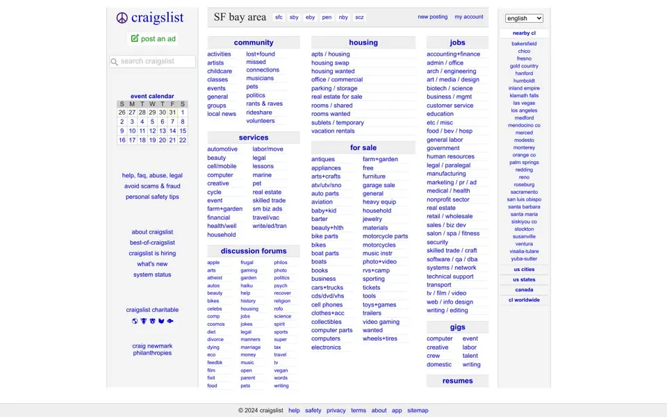craigslist.org homepage in 2024