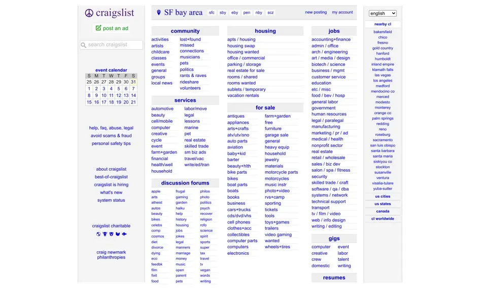 craigslist.org homepage in 2025
