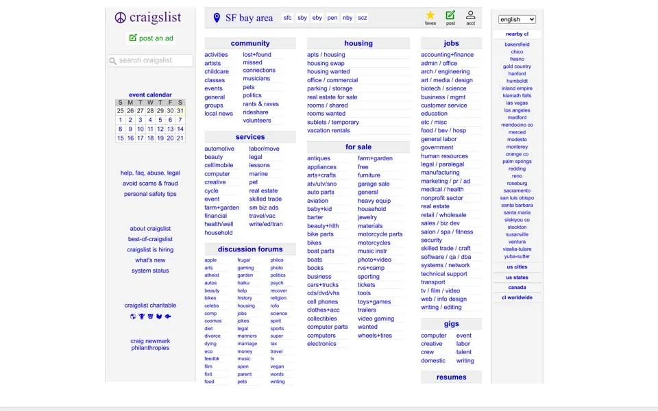 craigslist.org homepage in 2026