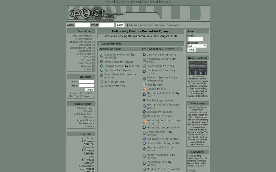 deviantart.com homepage in 2000