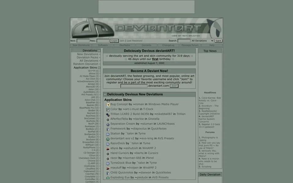 deviantart.com homepage in 2001