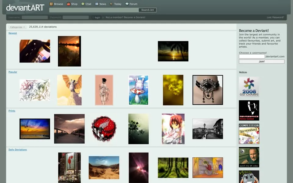 deviantart.com homepage in 2006