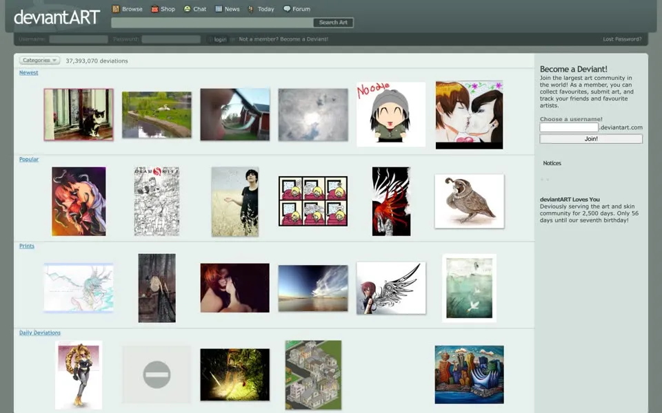 deviantart.com homepage in 2007