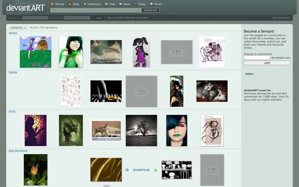 deviantart.com homepage in 2008
