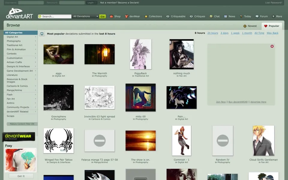 deviantart.com homepage in 2009