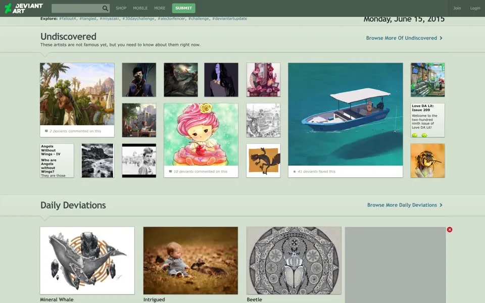 deviantart.com homepage in 2015