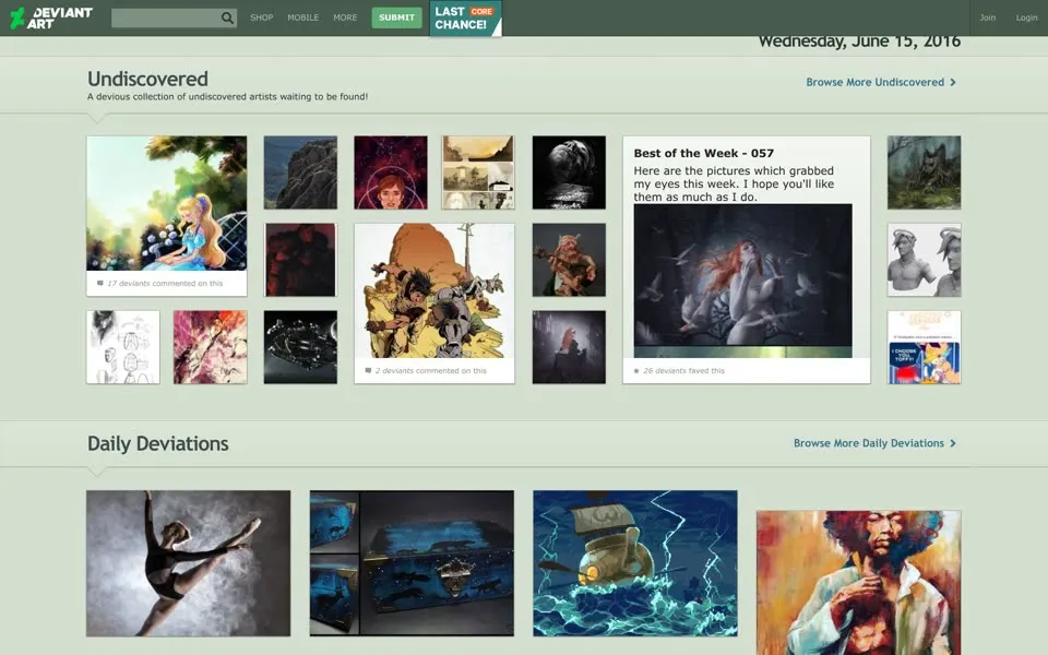 deviantart.com homepage in 2016