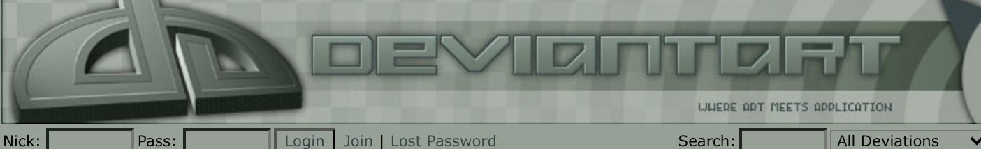 DeviantArt logo on the 2001 deviantart.com homepage: A large sculpted dA emblem joins a metallic uppercase wordmark