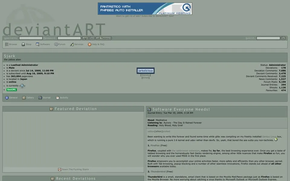 jark’s deviantART profile, April 4, 2004: “is a Loathed Administrator” and 363,004 pageviews