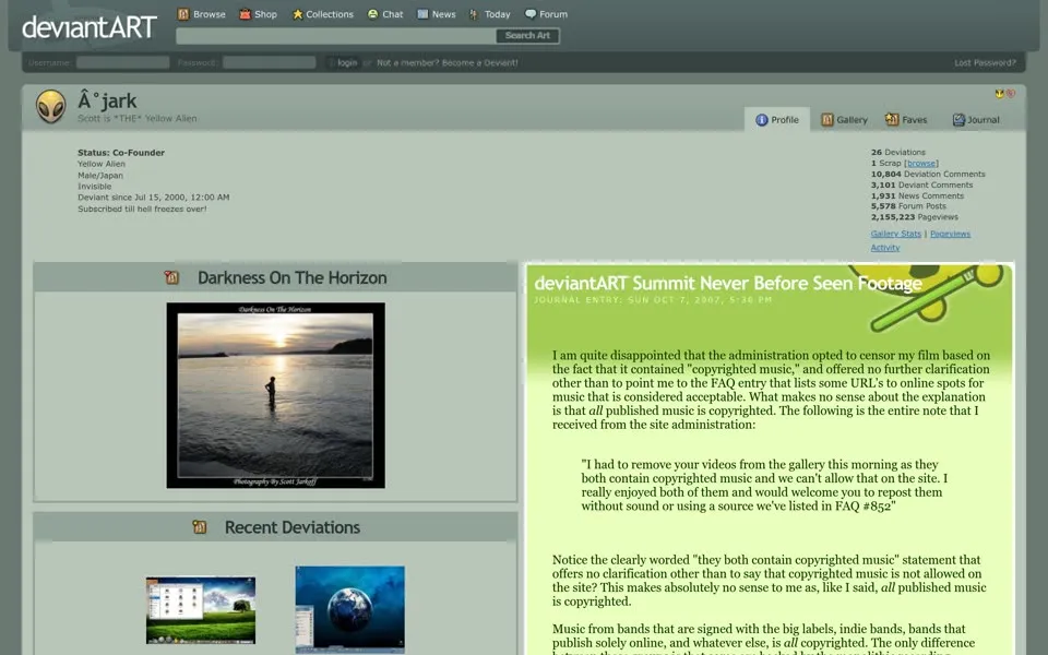 jark’s deviantART profile, May 13, 2008: “Status: Co-Founder” and “Subscribed till hell freezes over!”