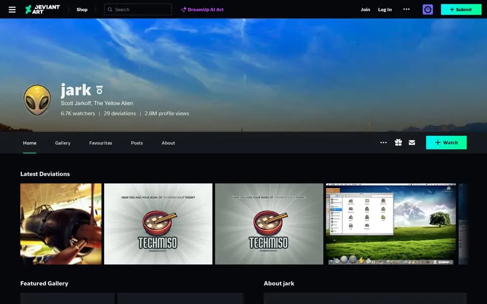 jark’s DeviantArt profile, January 2, 2026: a dark page under a sky banner, Scott Jarkoff, The Yellow Alien, with DreamUp AI Art in the header