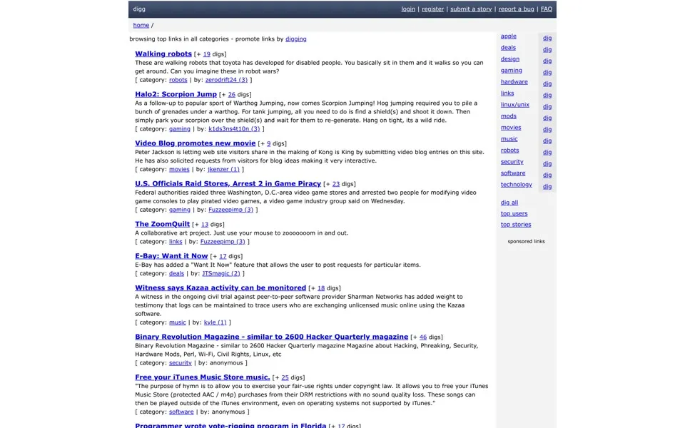 digg.com homepage in 2004