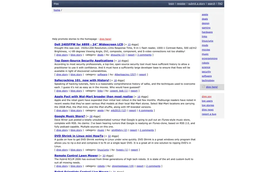 digg.com homepage in 2005