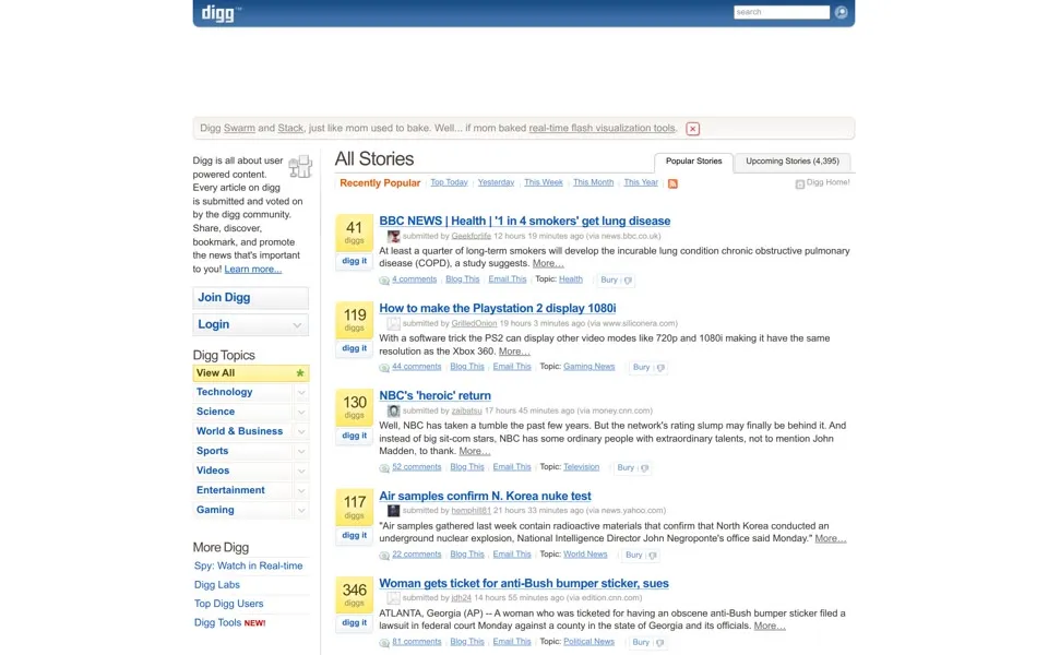 digg.com homepage in 2006