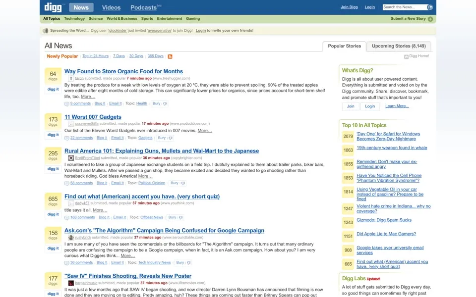 digg.com homepage in 2007