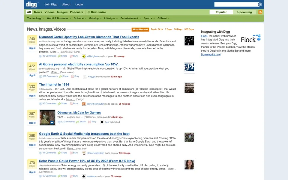 digg.com homepage in 2008