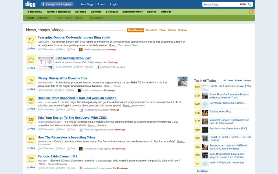 digg.com homepage in 2009