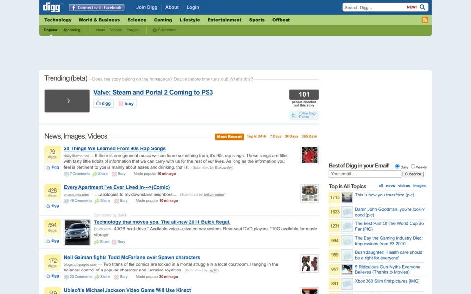 digg.com homepage in 2010