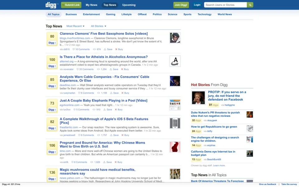 digg.com homepage in 2011