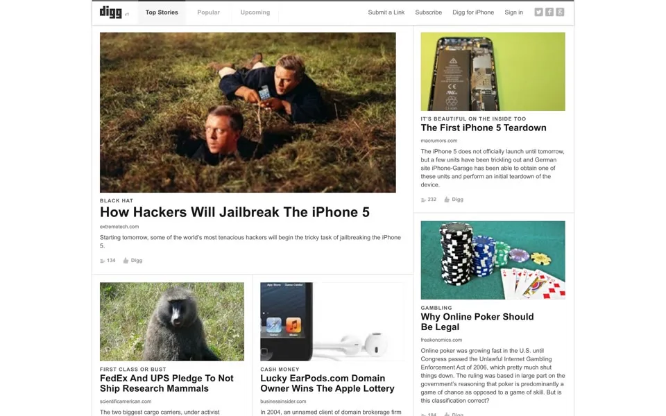 digg.com homepage in 2012