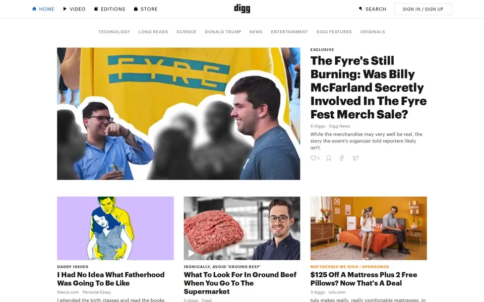 digg.com homepage in 2018