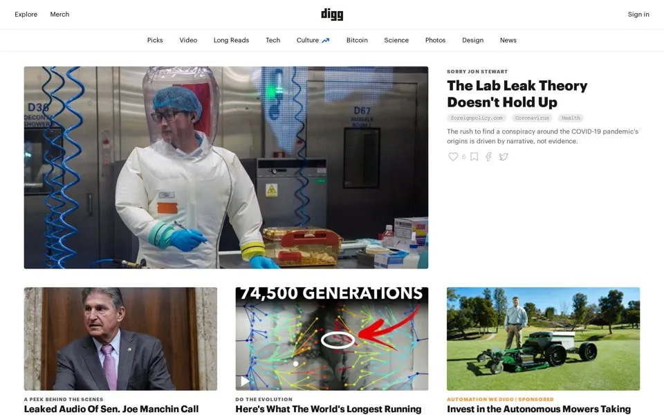 digg.com homepage in 2021