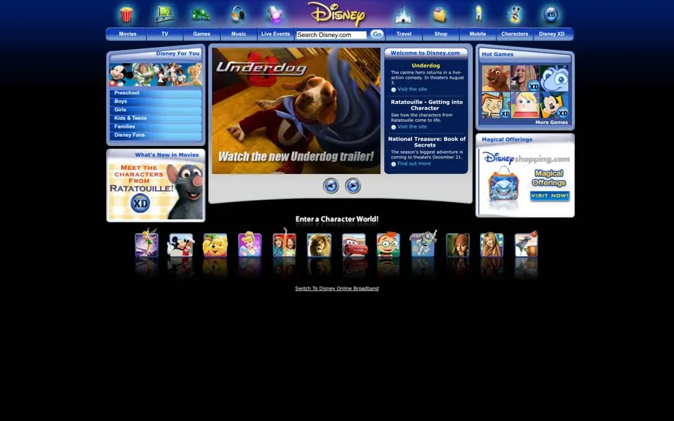 disney.com homepage in 2007
