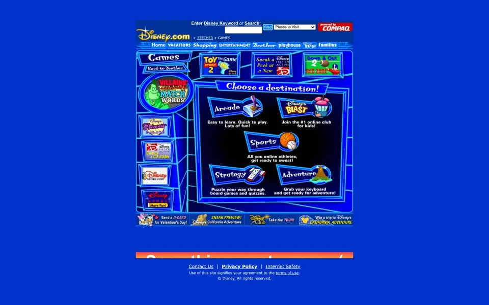 Disney.com games section, January 29, 2001: Choose a destination! with Arcade, Blast, Sports, Strategy and Adventure